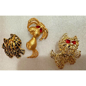 Lot 3 Vintage Dog Brooch Pins Trembler Red Rhinestone Eyes Black Enamel Gold